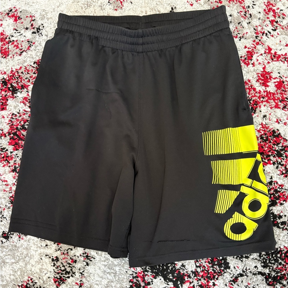 adidas Black Athletic Shorts with Yellow Logo Panel